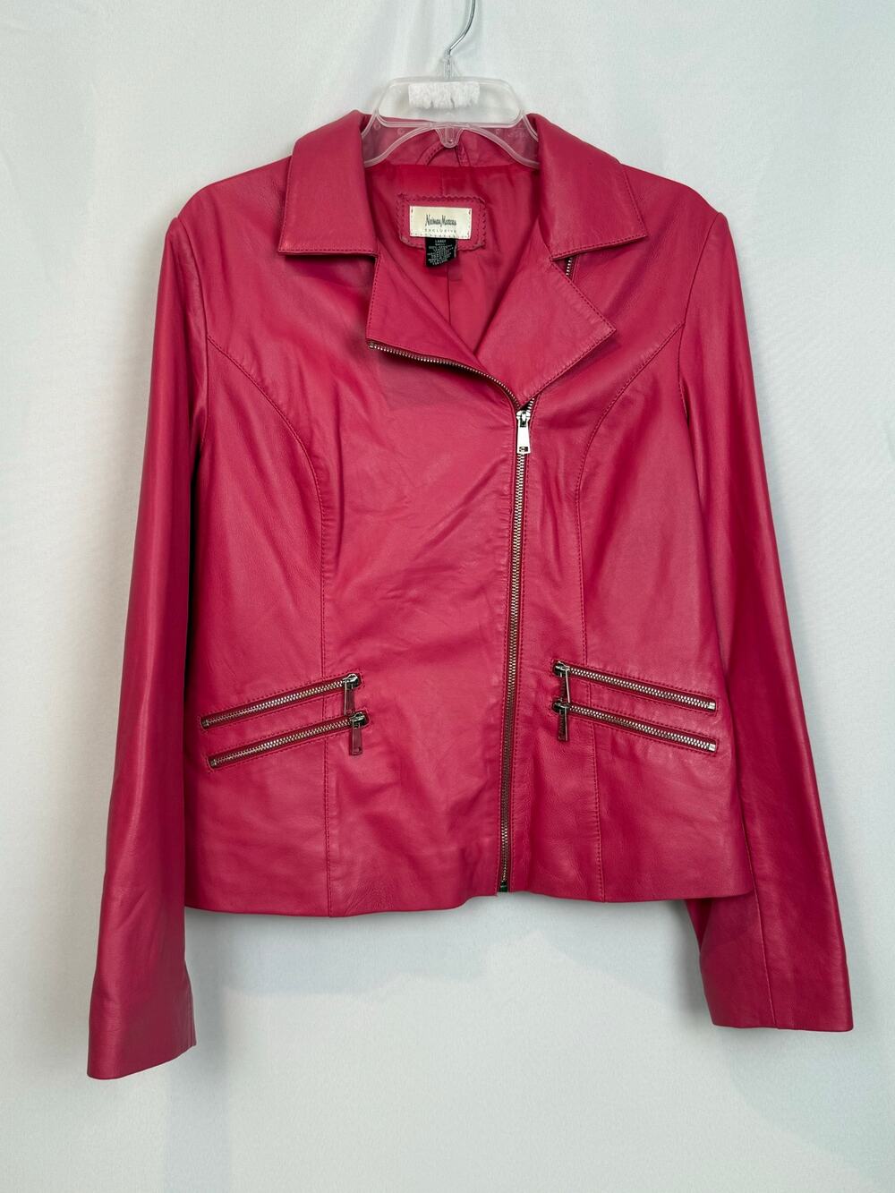 Neiman Marcus Exclusive Raspberry Pink Genuine Leather Moto Jacket Size Large